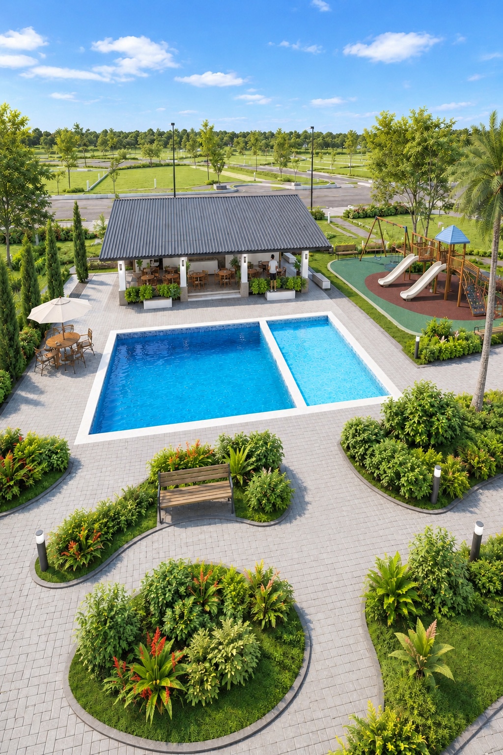 Piscina, casa club, juegos infantiles y jardines de Villa Santa Lucía