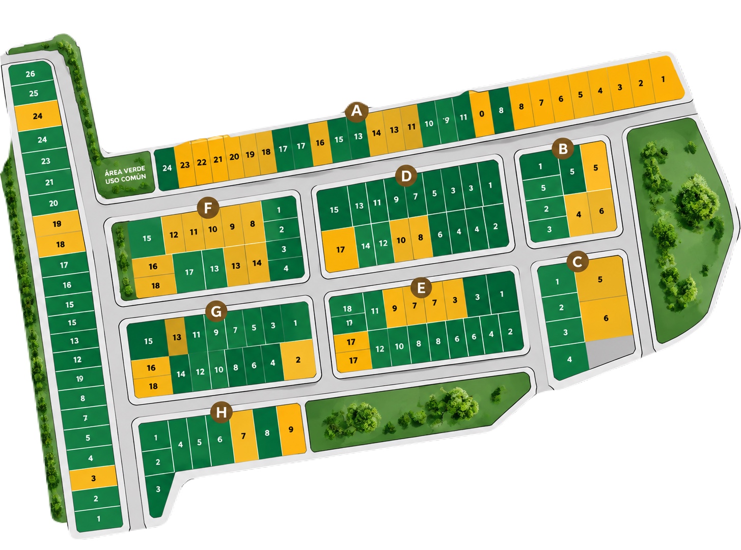 Plano de disponibilidad de Villa Santa Lucía: verde vendido y amarillo disponible